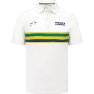 Ayrton Senna Mens Stripe Polo - White